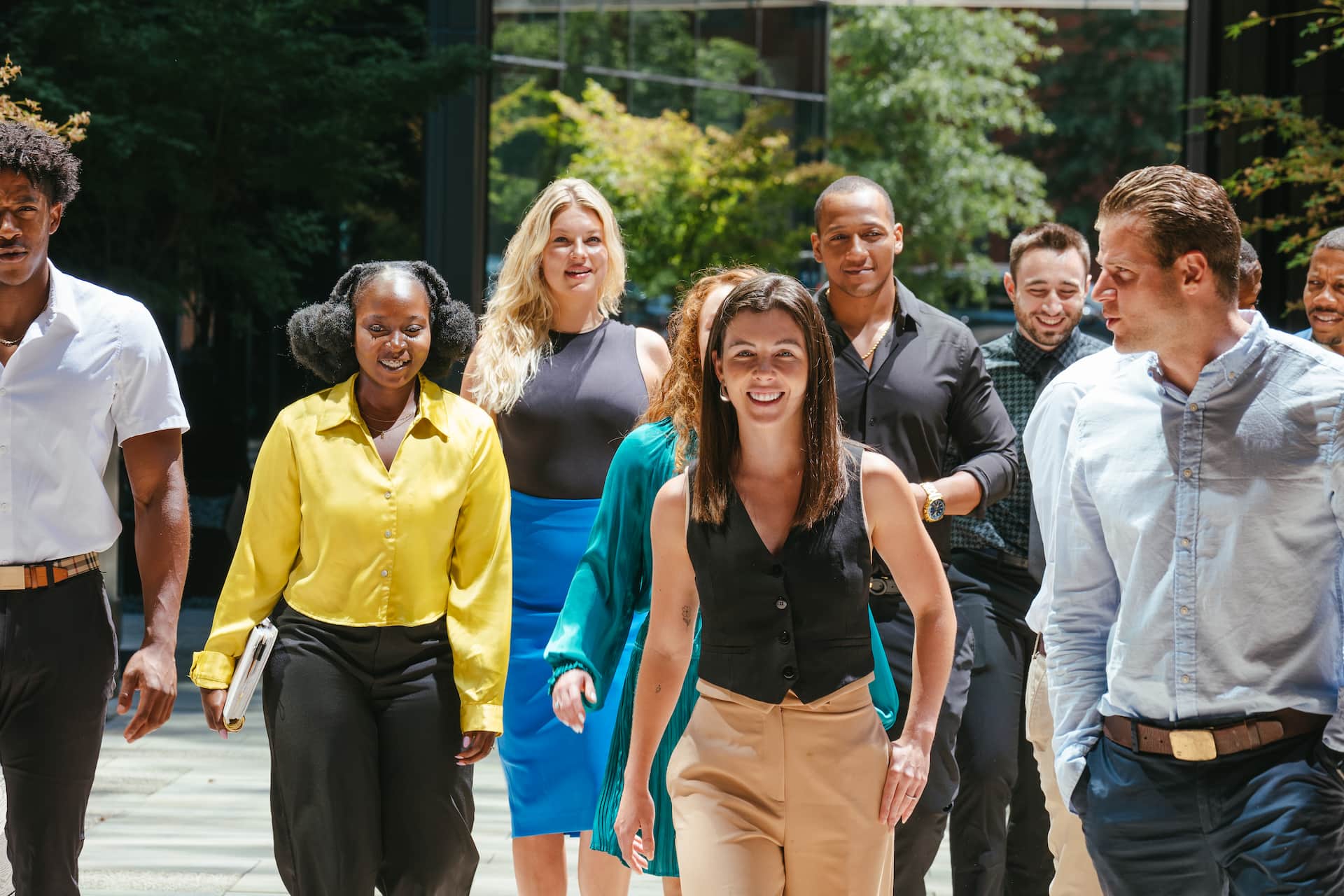 Corporate team walking together during a WorkLife Wellness group fitness program